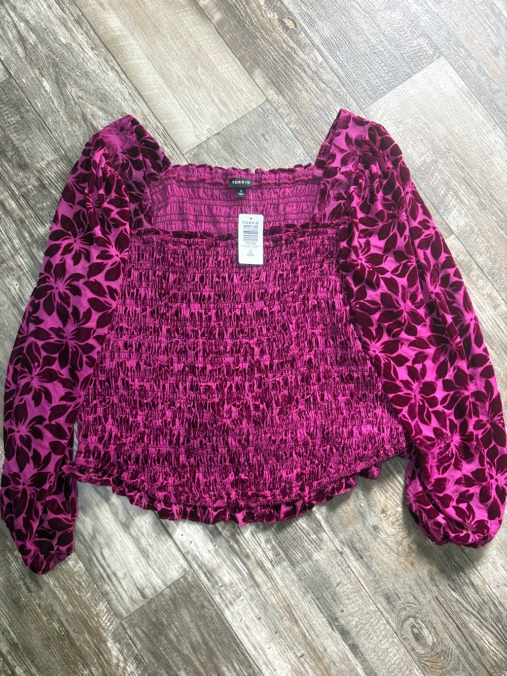 torrid Wine Velvet Floral Smocked Square-Neck Blouse